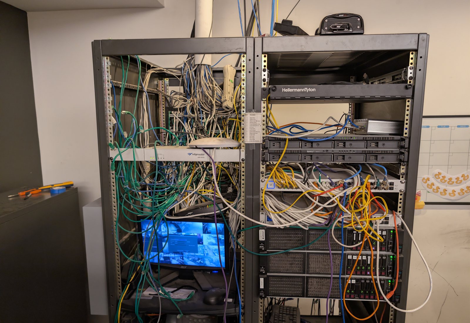 Populated server rack with switches, servers and network storage